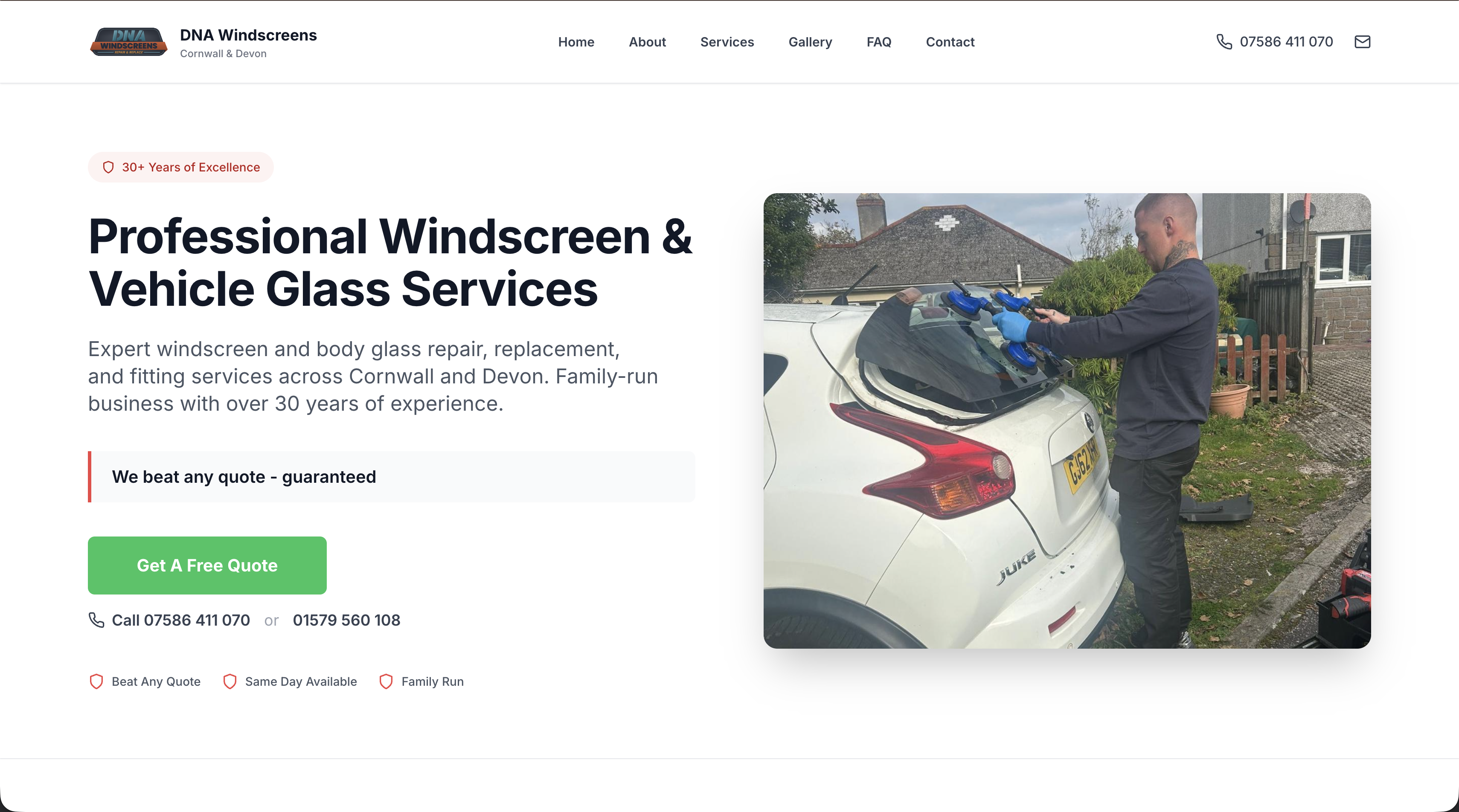 DNA Windscreens website homepage — windscreen and vehicle glass repair in Cornwall and Devon